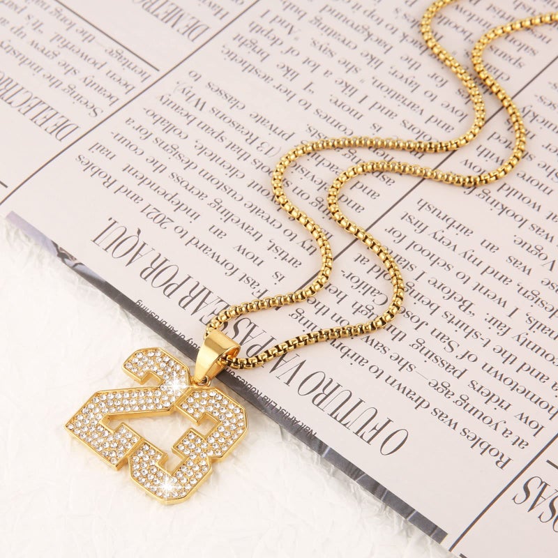 AsAlways 18K Gold Plated Cubic Zirconia Number 23 Basketball Pendant Necklace Men Women Stainless Steel Box Link Chain 22+2 Inch (Golden 23) - Image 3